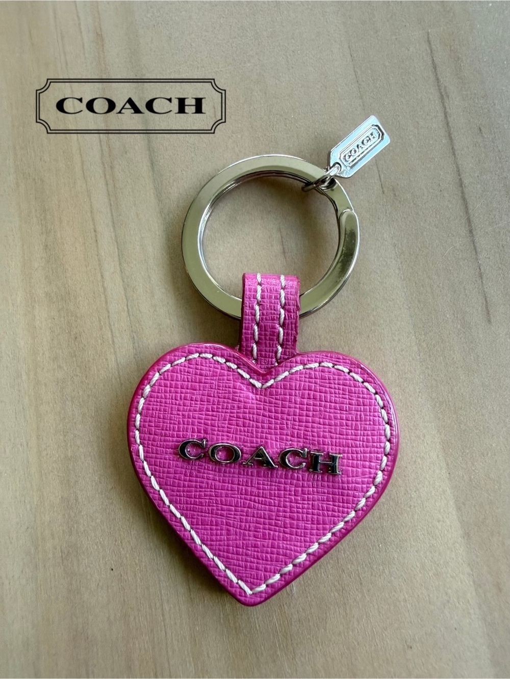 COACH Pink Crossgrain Leather Heart Bag Charm Keychain Silver